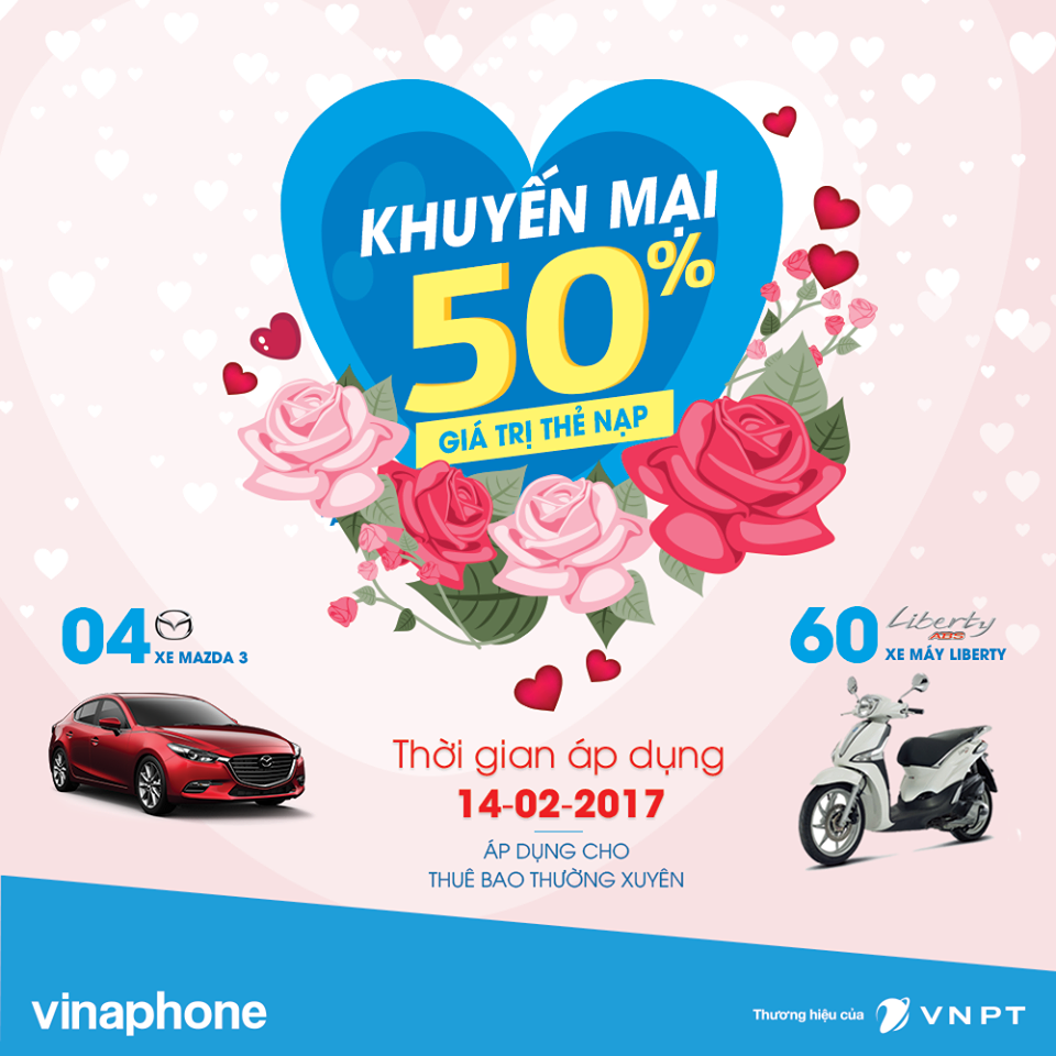 VinaPhone khuyến mãi 50% ngày Lễ Tình nhân 14/2